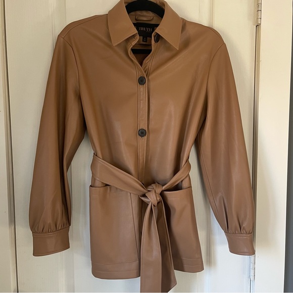 NWOT Truth By Republic Women’s Long Sleeve Faux Leather Jacket With Belt Size S - Picture 2 of 12